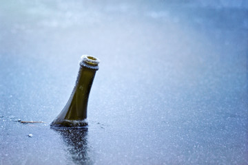 bottle of sparkling champagne wine frozen in ice in lake on new years day