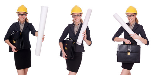 Female architect with blueprint isolated in white 