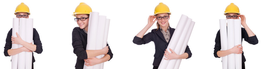 Female architect with blueprint isolated in white 