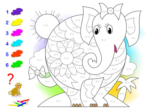 Educational page with exercises for children on addition and subtraction. Need to solve examples and to paint picture in relevant colors. Developing skills for counting. Vector image.