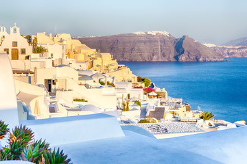 Romantic Destination. Tranquil Picturesque Cityscape of Oia Village on Santorini Island with...