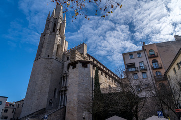 Fototapeta na wymiar View of medieval Gothic St Mary Roman Catholic cathedral in Girona Catalonia Spain