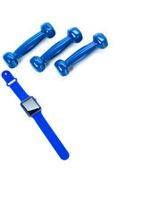 Sport Concepts. Three Barbells with Fitness Watch Placed Together on White Surface. Copyspace image.