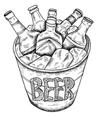 Vector illustration of hand drawn sketch   bucket with beer and ice. Oktoberfest, festival, pub, bottle, drinks. Vintage and retro style.