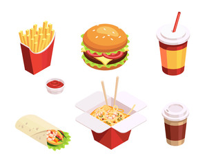 Isometric fast food set on a white background