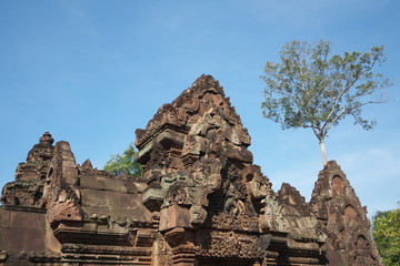 Siem Reap,Cambodia-January 9, 2019: Reliefs in Banteay Srei in Siem Reap, Cambodia