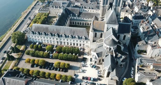 View from drone of Medieval Eglise Saint-Nicolas, St. Nicolas church, built in 12th century in Blois, France