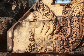 Siem Reap,Cambodia-January 9, 2019: Reliefs in Banteay Srei in Siem Reap, Cambodia