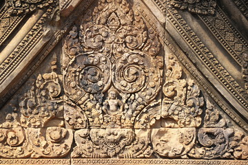 Siem Reap,Cambodia-January 9, 2019: Reliefs in Banteay Srei in Siem Reap, Cambodia