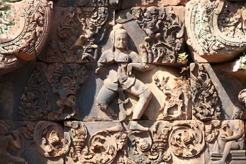 Siem Reap,Cambodia-January 9, 2019: Reliefs in Banteay Srei in Siem Reap, Cambodia