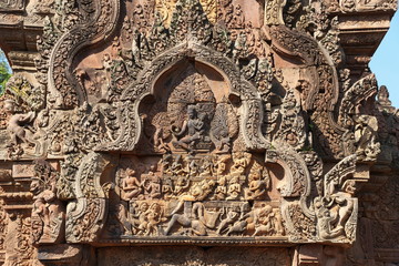 Siem Reap,Cambodia-January 9, 2019: Reliefs in Banteay Srei in Siem Reap, Cambodia