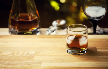  whiskey ice glass wooden background 