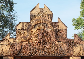Siem Reap,Cambodia-January 9, 2019: Reliefs in Banteay Srei in Siem Reap, Cambodia
