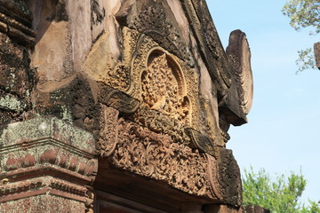 Siem Reap,Cambodia-January 9, 2019: Reliefs in Banteay Srei in Siem Reap, Cambodia
