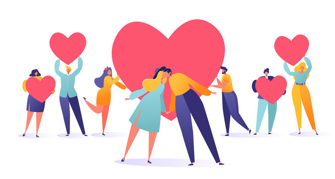Romantic vector illustration on love story theme. Set of people holding a heart symbols, valentine cards. Happy lover man and woman kissing. Lifestyle concept on Valentine Day theme.