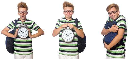Young student with alarm-clock in time management concept 