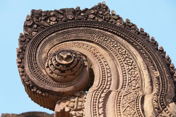 Siem Reap,Cambodia-January 9, 2019: Reliefs in Banteay Srei in Siem Reap, Cambodia
