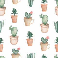 Cacti flower background. Seamless pattern with cactus and succulents in pots. Hand drawn illustration in trendy cute cartoon style.Mexican style background perfect for fabric textile ,etc
