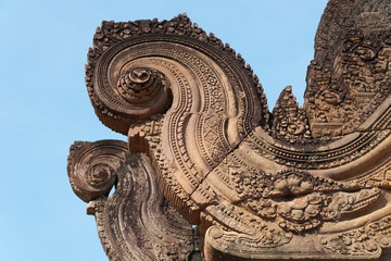 Naklejka premium Siem Reap,Cambodia-January 9, 2019: Reliefs in Banteay Srei in Siem Reap, Cambodia 