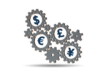 Cogwheels with various currencies - 3d rendering