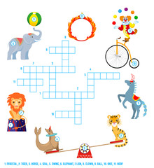 Fototapeta premium Children's educational game crossword. Circus: clown, elephant, tiger, lion, horse, seal. Vector