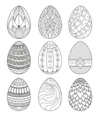 Set of Easter eggs with geometric patterns. Coloring book for children. Stencils. Vector