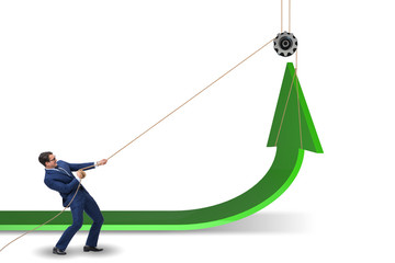 Businessman supporting economic growth by pulling rope 