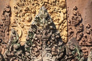 Siem Reap,Cambodia-January 9, 2019: Reliefs in Banteay Srei in Siem Reap, Cambodia
