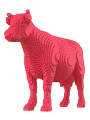 Red cow from plastic blocks on a white background.