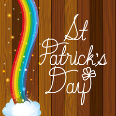 saint patricks day label with rainbow and wooden background