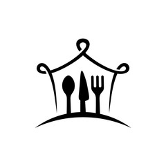 Restaurant Logo Template, Spoon, Fork and Knife In House With Mono Line Style