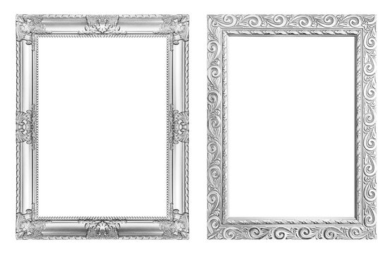Set 2 - Antique silver frame isolated on white background, clipping path