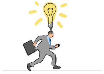 continuous line drawing of businessman running with brilliant idea