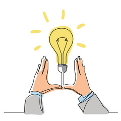 continuous line drawing of hands showing a new idea