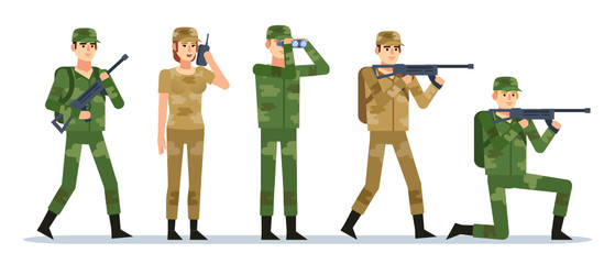 Group of male and female military people showing various actions. Military operation concept. Flat design vector illustration