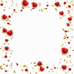 Background with hearts and round beads strewn with golden confetti