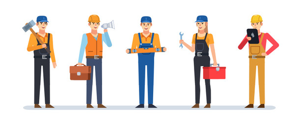 Set of male and female construction workers. Construction team. Flat design vector illustration