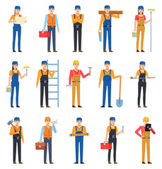 Fototapeta na wymiar Set of male and female construction workers. Construction worker reading plan, holding ladder, hammer, wrench and showing other actions. Flat design vector illustration