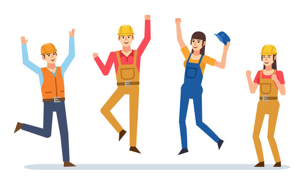 Set of male and female construction workers celebrating. Construction team. Flat design vector illustration