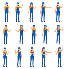 Obraz premium Set of female construction worker characters showing various hand gestures. Female worker showing thumb up, victory hand, stop sign and other gestures. Flat design vector illustration