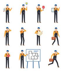 Set of workers, couriers or mechanics in dark overalls. Cheerful worker holding document, stop sign, reading book, talking on phone and showing other actions. Flat design vector illustration