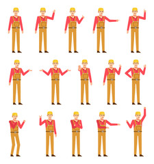 Set of workers, mechanics or couriers showing various hand gestures. Cheerful worker in overalls pointing, greeting, showing thumb up, victory hand and other gestures. Flat design vector illustration