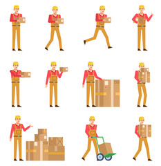 Set of couriers in overalls posing with various parcel boxes. Cheerful delivery service worker holding package, running and showing other actions. Flat design vector illustration