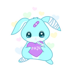 Cute suffering rabbit with injured heart in yami kawaii style