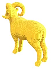 Yellow mouflon from plastic blocks on a white background.