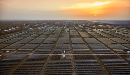 Outdoor solar photovoltaic panel at sunrise