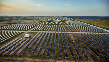 Aerial photography of solar photovoltaic panels at sunrise
