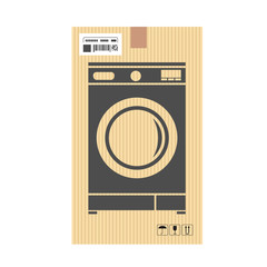 Mock up of washing machine in carton box. Moving and delivery services. Vector illustration
