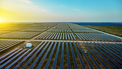 Aerial photography of solar photovoltaic panels at sunrise