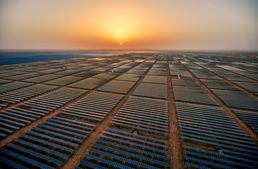 Outdoor solar photovoltaic panel in the sunset